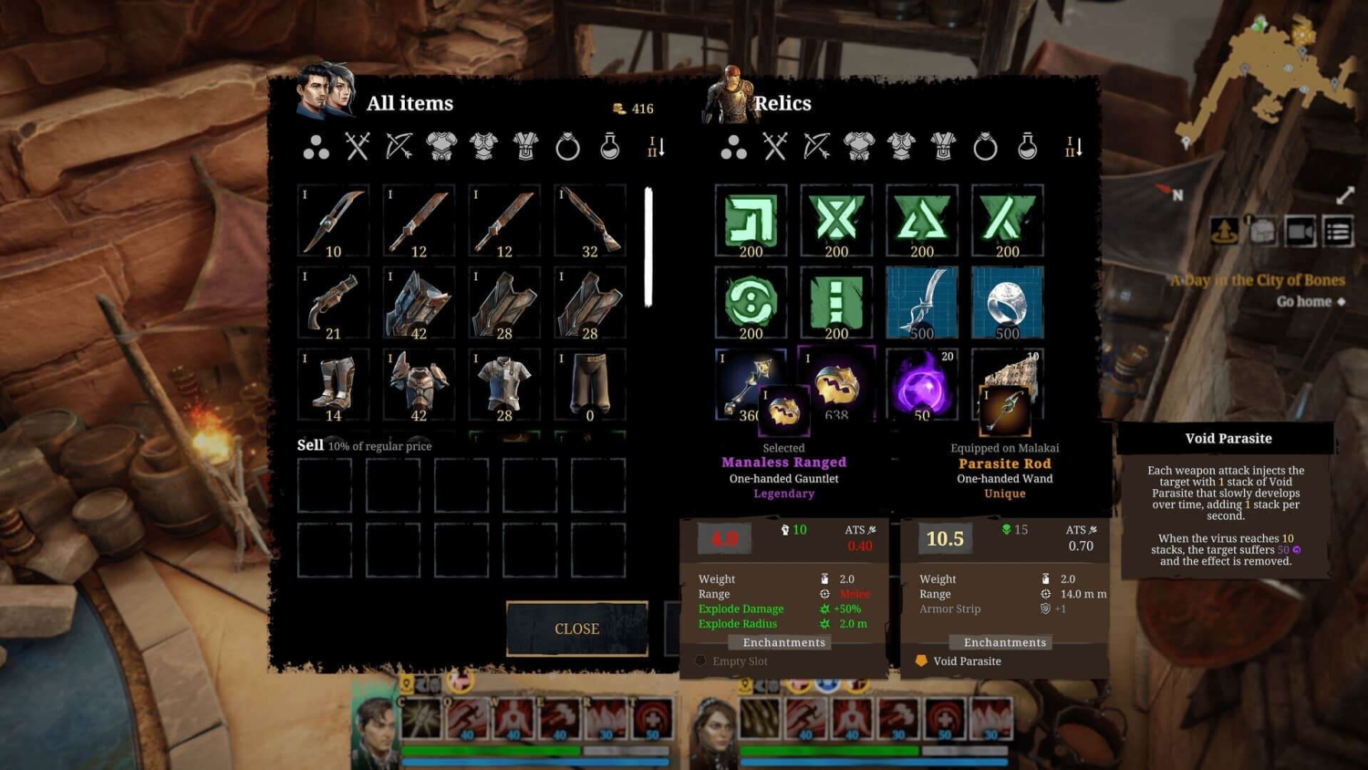 Game inventory screen showing weapons, relics, stats, and skill icons with detailed item descriptions and character portraits
