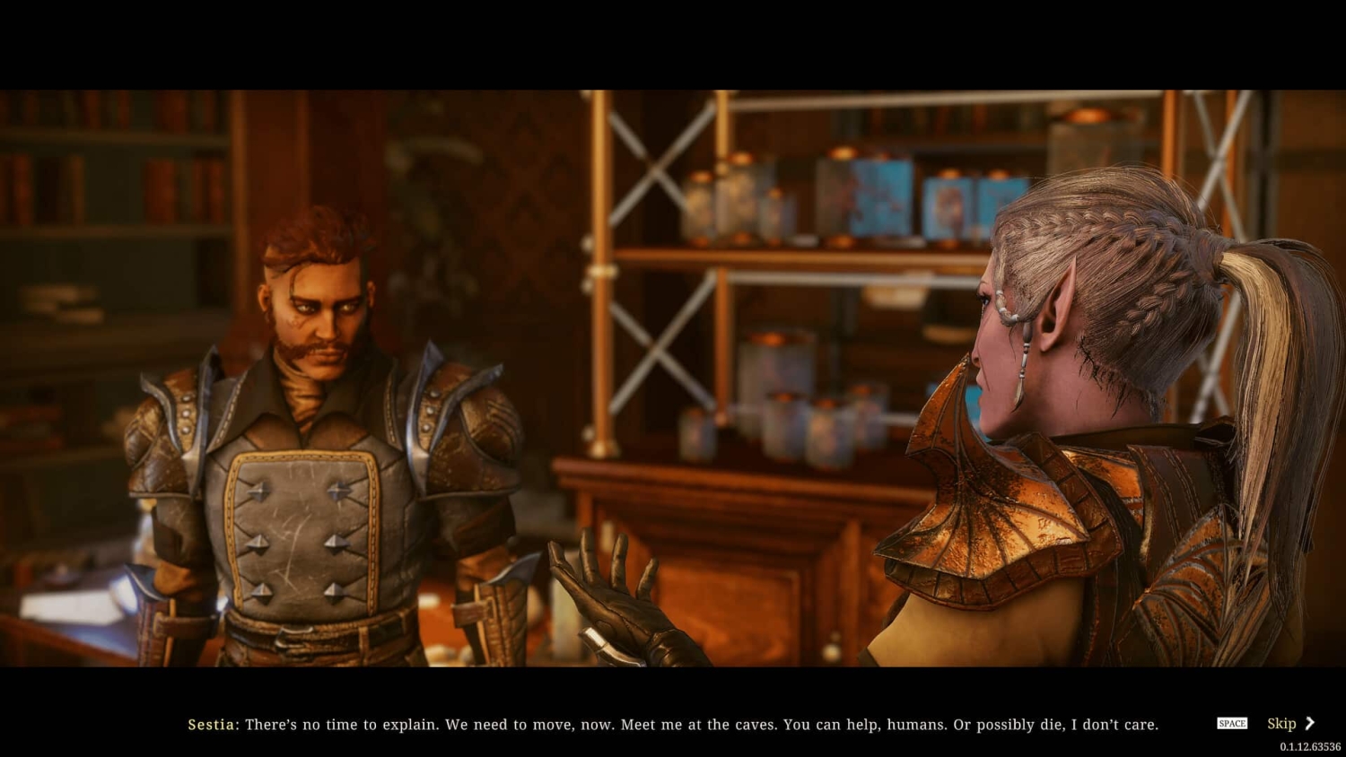 Elf woman with braided ponytail in golden armour speaking to stern man in iron armour inside a study room
