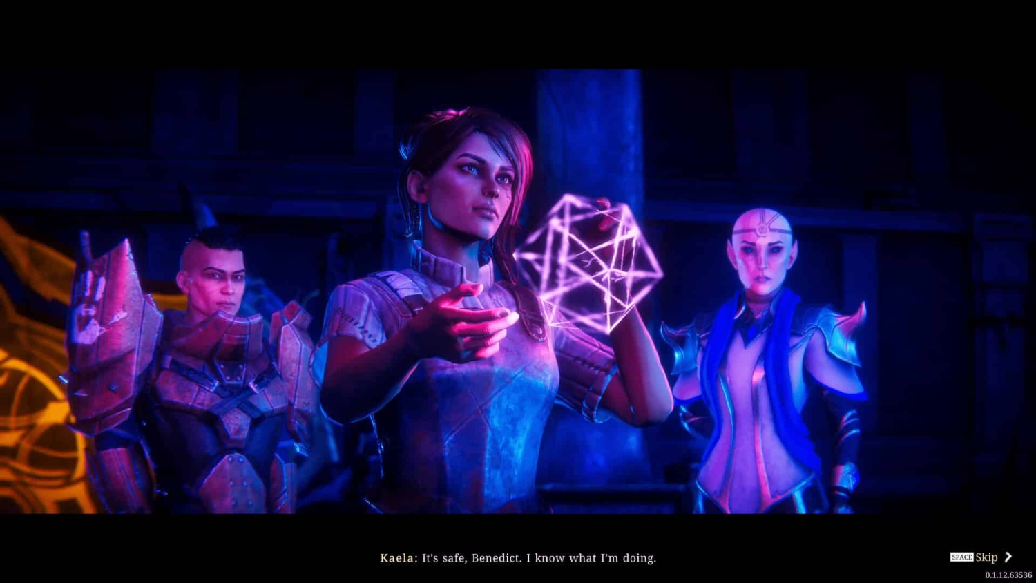 Three characters in a dimly lit room with purple and blue light, one holding a glowing geometric hologram