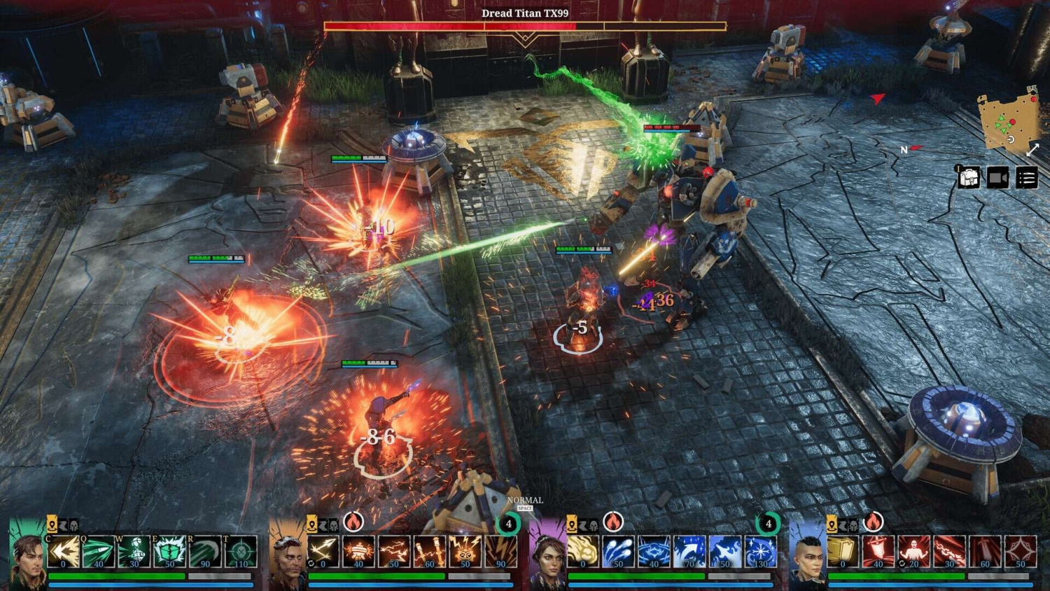 Four characters launch attacks with weapons and spells against a large robotic enemy on a dimly lit battlefield