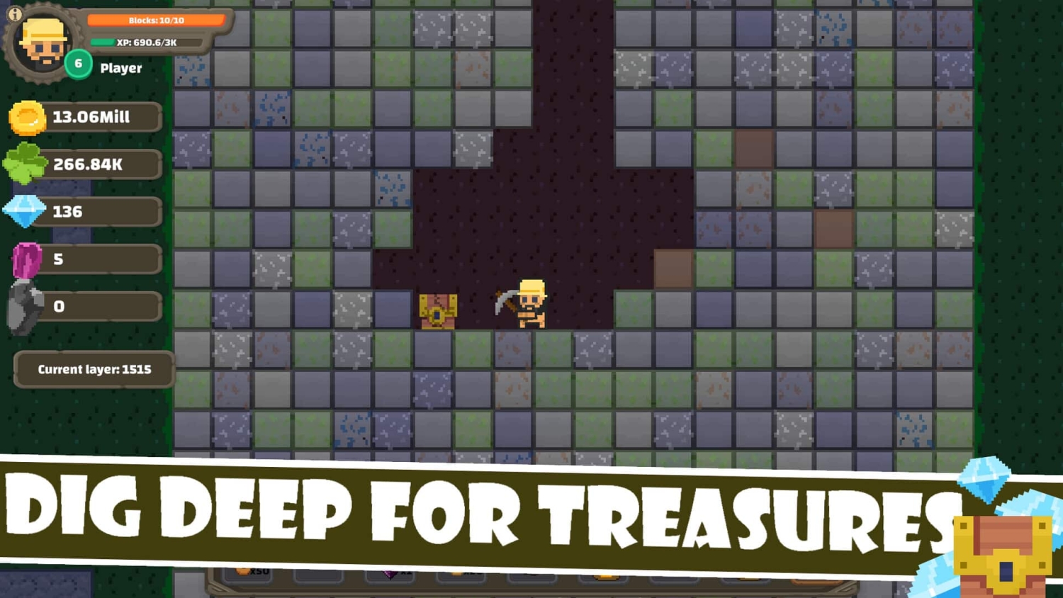 Pixelated miner holding a pickaxe next to a treasure chest surrounded by various ores in a pixel-art cave environment