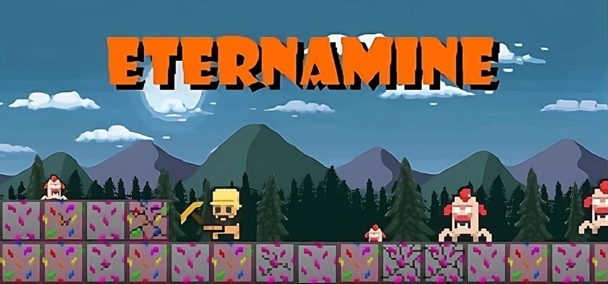 Pixel art of miner character with a pickaxe mining colourful blocks among monsters under a cloudy sky