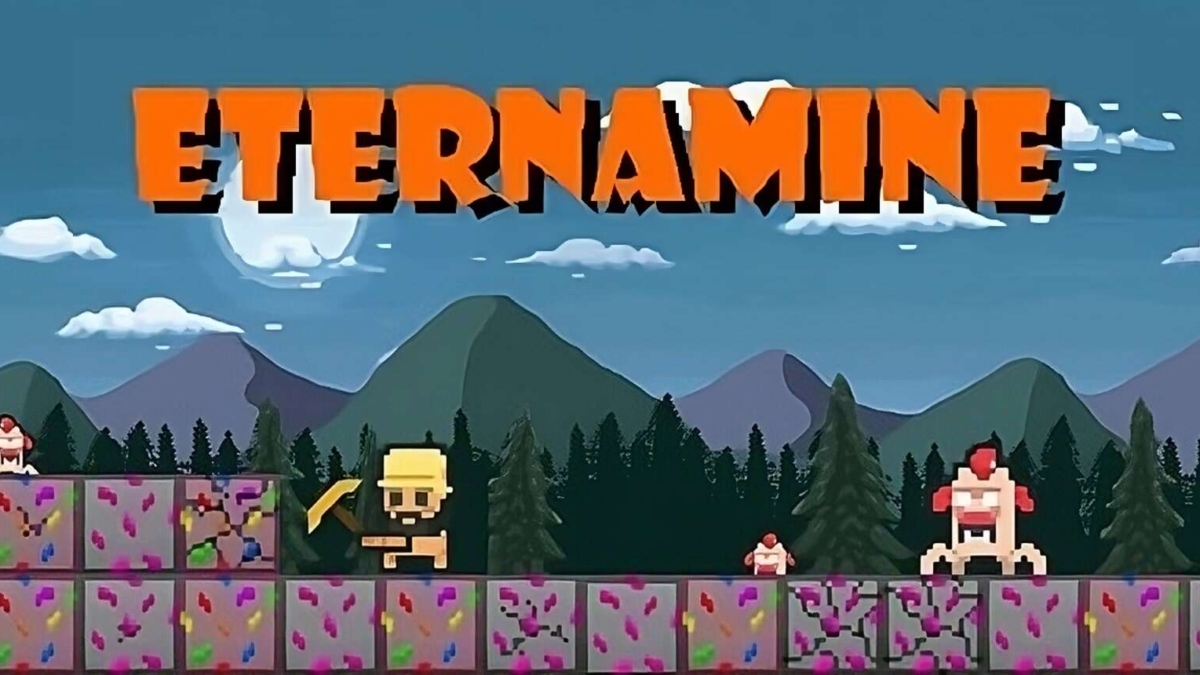 Pixel art of miner character with a pickaxe mining colourful blocks among monsters under a cloudy sky