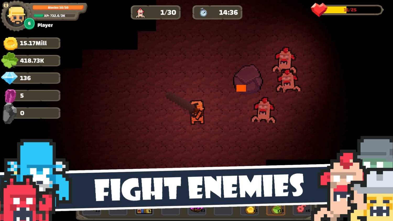 Pixel art miner character fighting three red monsters underground in dark cave environment