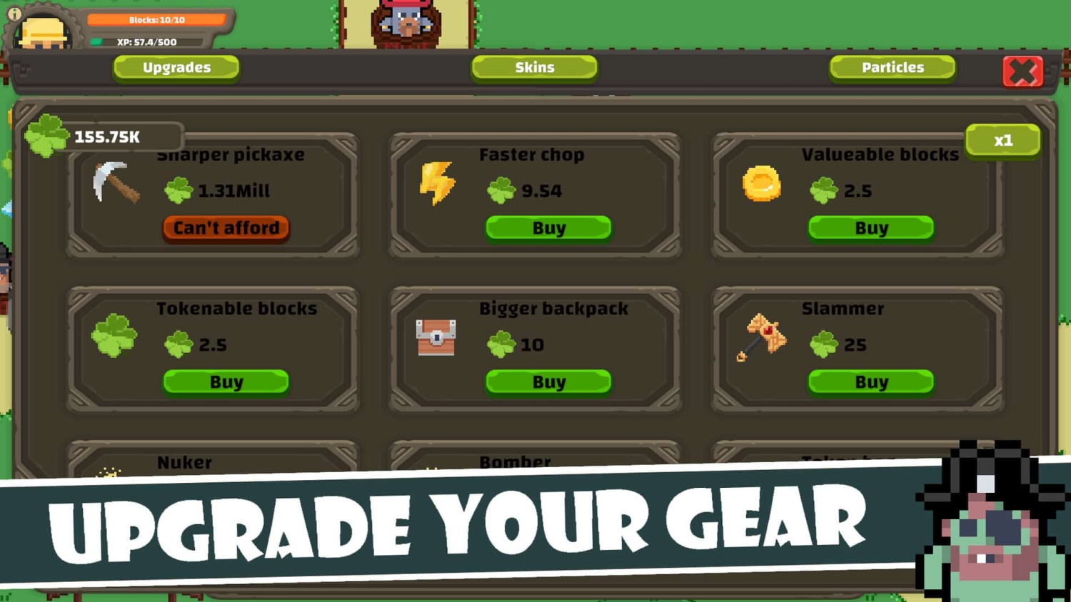 Game interface showing purchasable gear upgrades with icons and currency required
