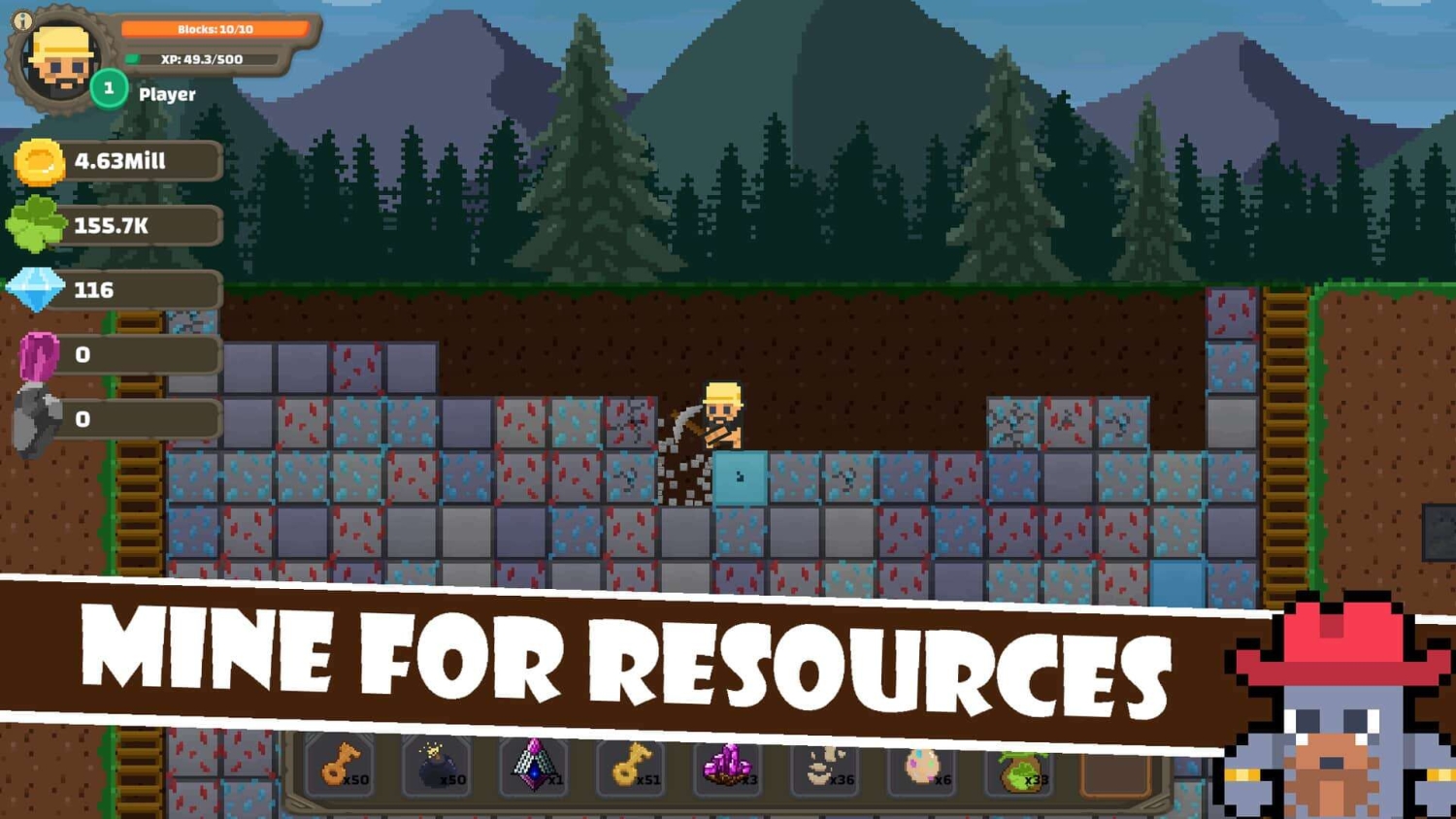 2D pixel art character mining coloured underground blocks with mountains and trees in background