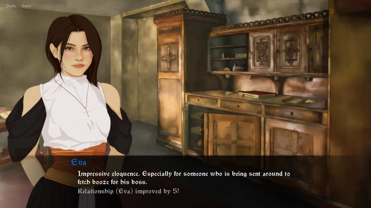 Animated woman with dark hair and white top stands in a dimly lit room with wooden cupboards and shelves
