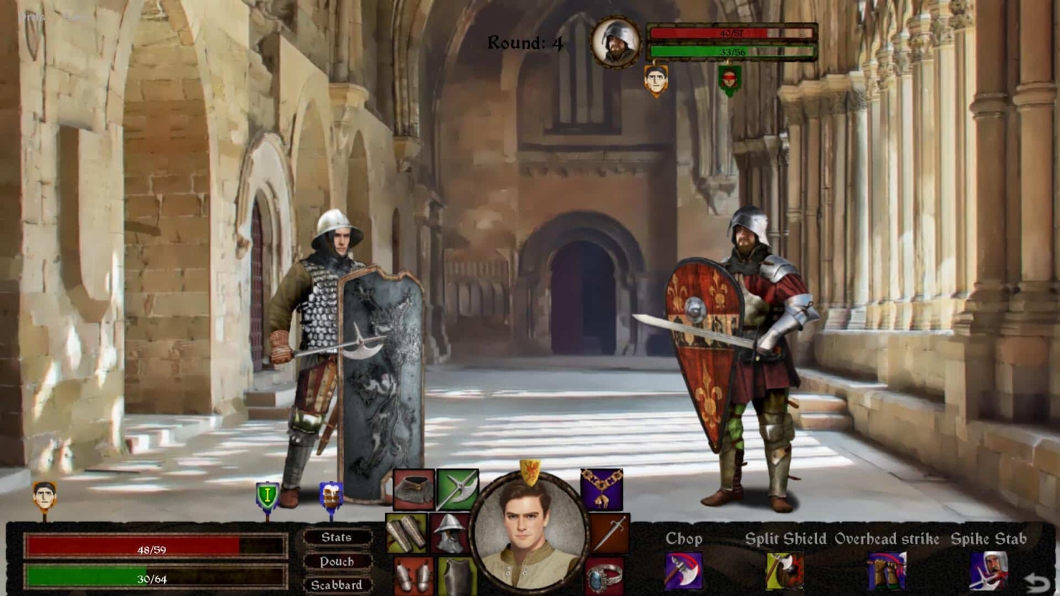 Two armoured medieval warriors with shields face each other in a stone corridor during a turn-based combat round