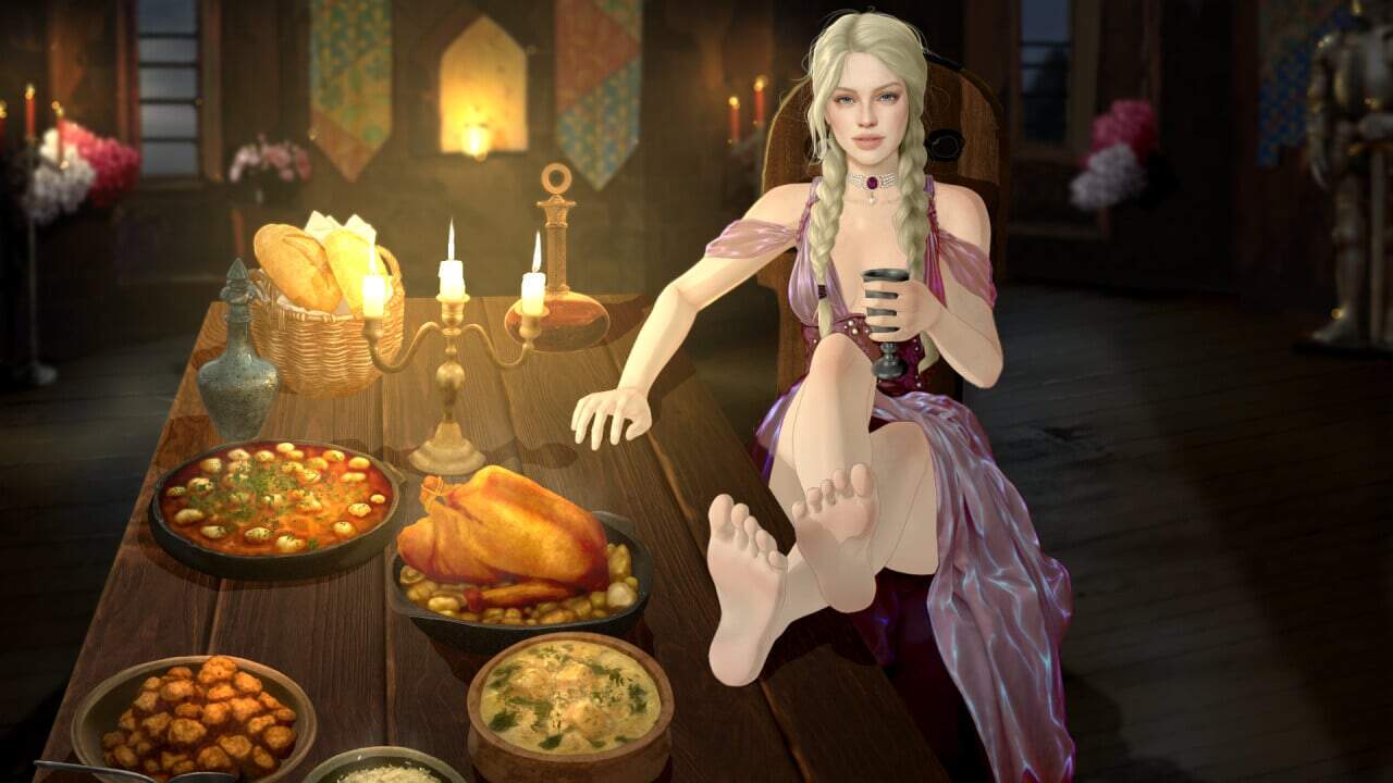 A blonde woman in a purple dress sits barefoot at a wooden table laden with bread, roast chicken, stew, candles and a wine goblet
