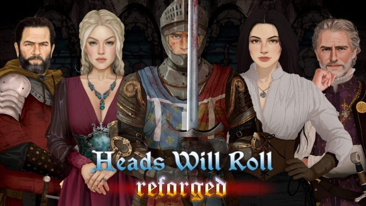 Five characters from Heads Will Roll: Reforged standing in medieval attire with a knight holding a sword at the centre