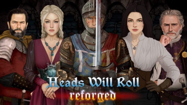 Five characters from Heads Will Roll: Reforged standing in medieval attire with a knight holding a sword at the centre