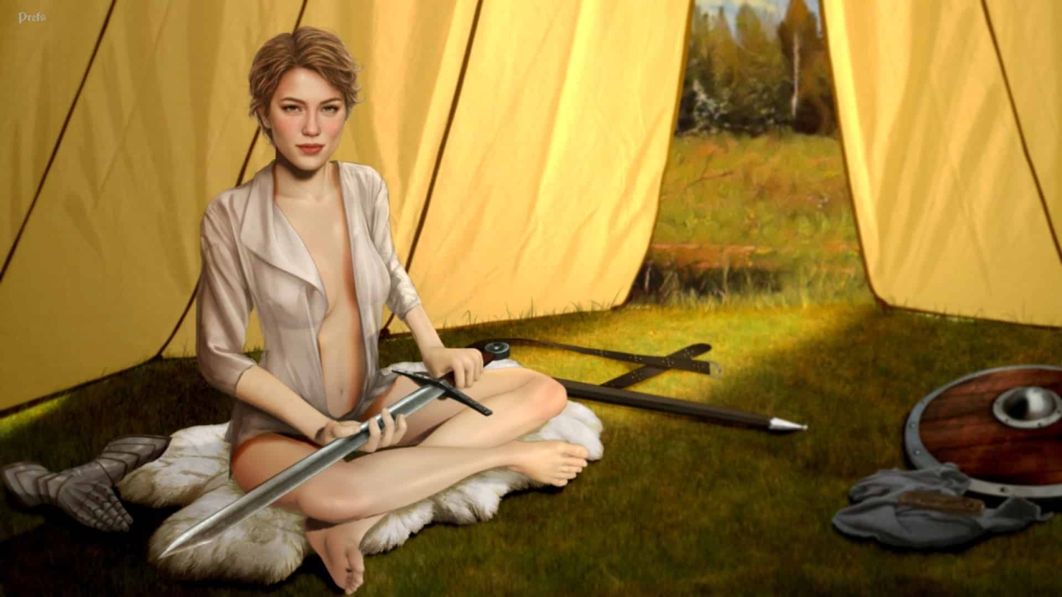 Young woman seated cross-legged on a fur rug inside a yellow tent holding a long sword, with boots and shield beside her