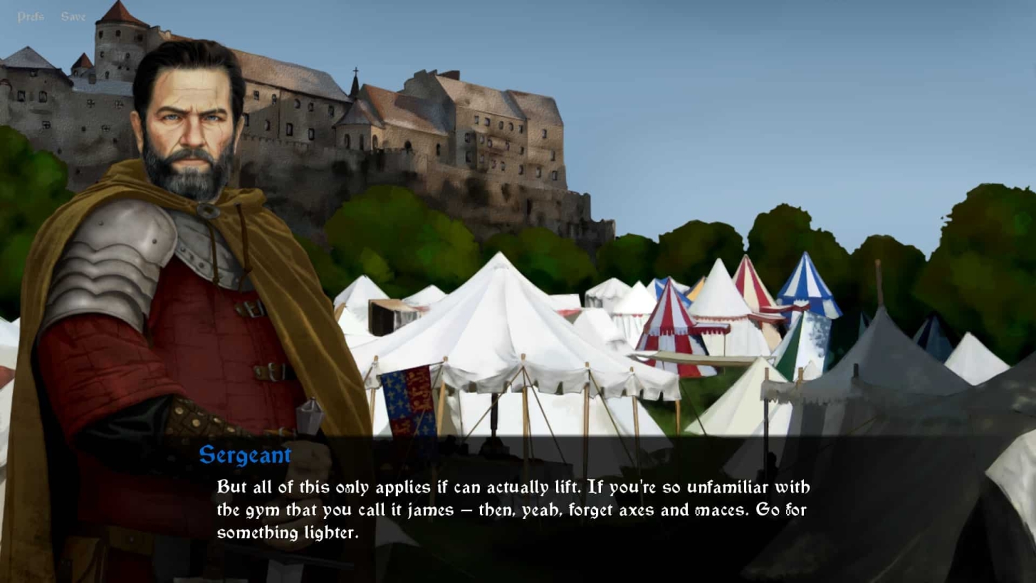 Bearded medieval sergeant in armour and cloak speaking in front of colourful camp tents with a stone castle behind