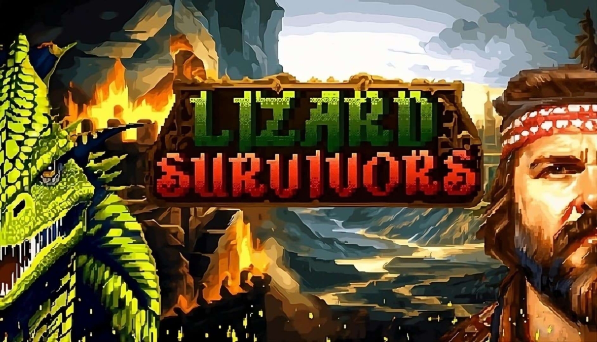 Pixel art of a green dragon and a bearded man on either side of a wooden sign reading 'Lizard Survivors'