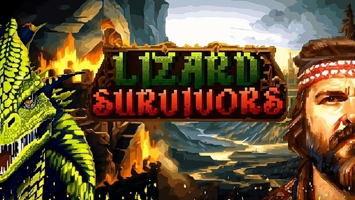 Pixel art of a green dragon and a bearded man on either side of a wooden sign reading 'Lizard Survivors'