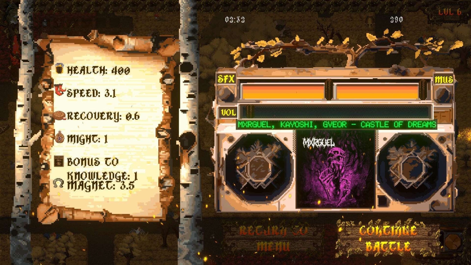Pixel art game interface showing player health, speed, recovery, might, bonus stats, and music player with purple skeleton cover