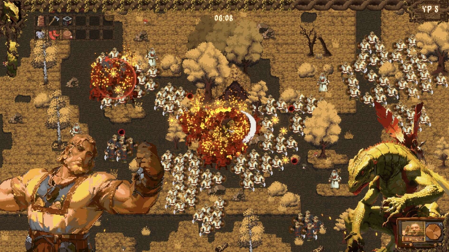 Pixel art battle showing a muscular fighter and a large lizard facing off amidst explosions and many robed soldiers