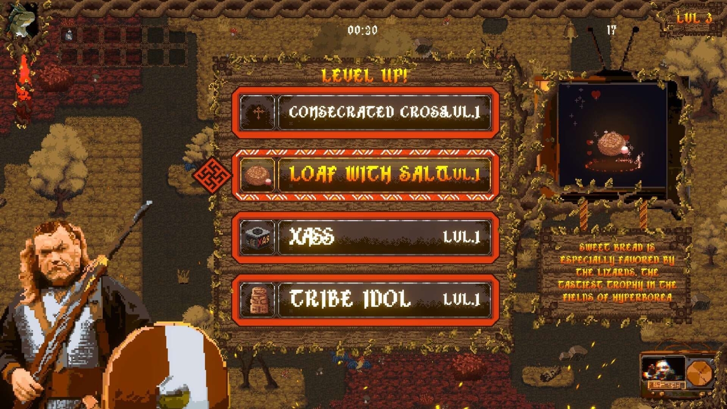 Item selection menu in pixel art style game with four upgrade options and Viking warrior
