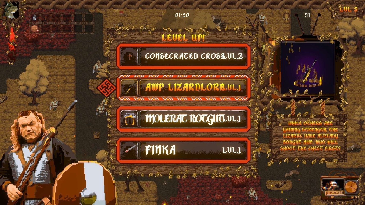 Pixel art RPG game screen with character holding rifle and shield alongside a level-up menu presenting various weapon options