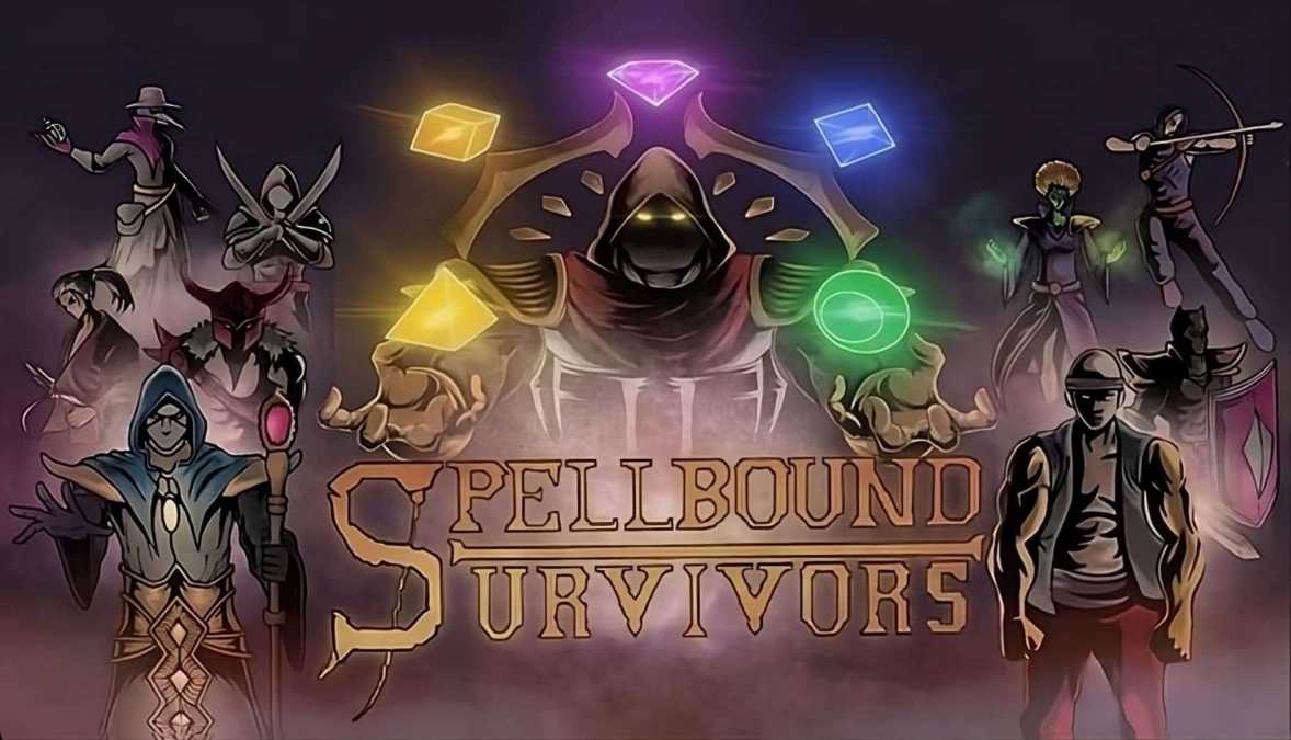 Illustrated characters in fantasy attire surrounding the Spellbound Survivors game title with glowing magical gems above
