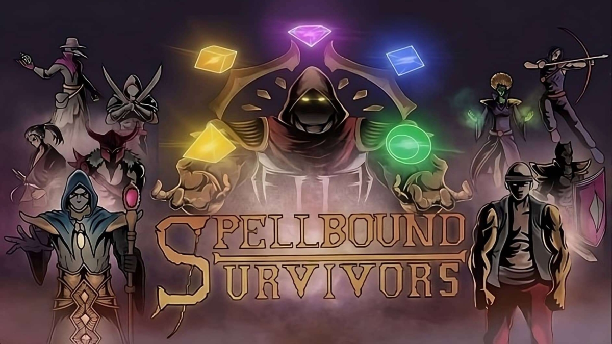 Illustrated characters in fantasy attire surrounding the Spellbound Survivors game title with glowing magical gems above