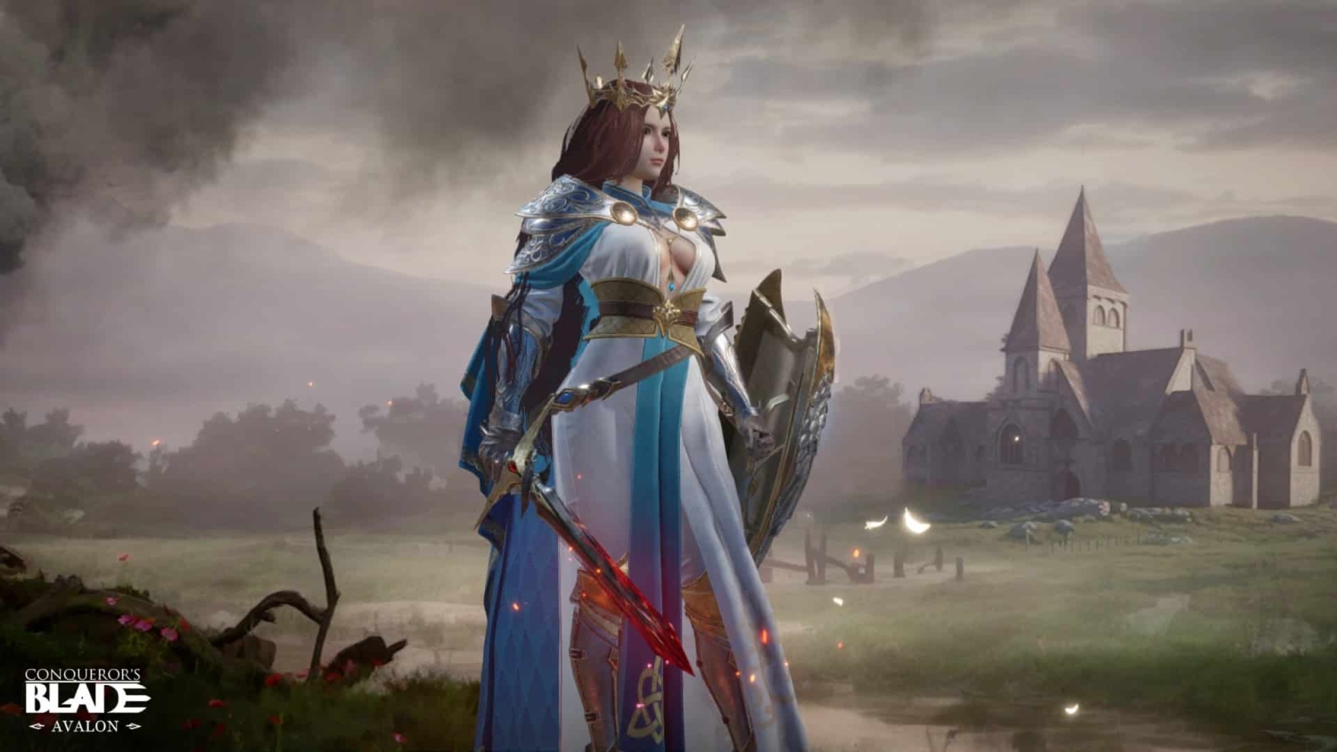 Armoured female warrior wearing a crown stands holding a fiery sword and shield beside a medieval stone building under a cloudy sky