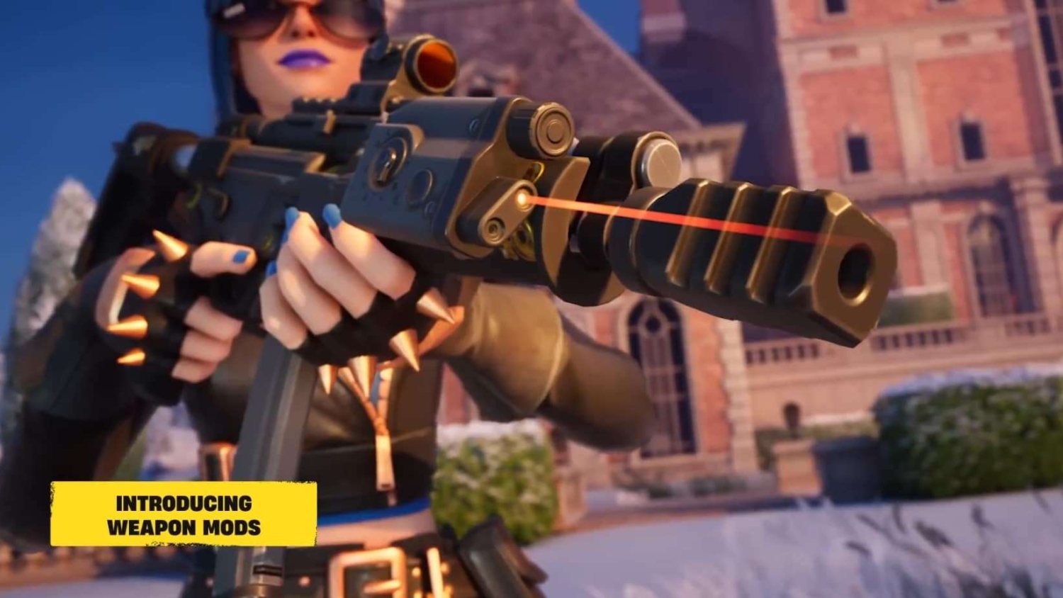 Character with purple lipstick and spiked gloves aims customised rifle with glowing orange laser sight outdoors