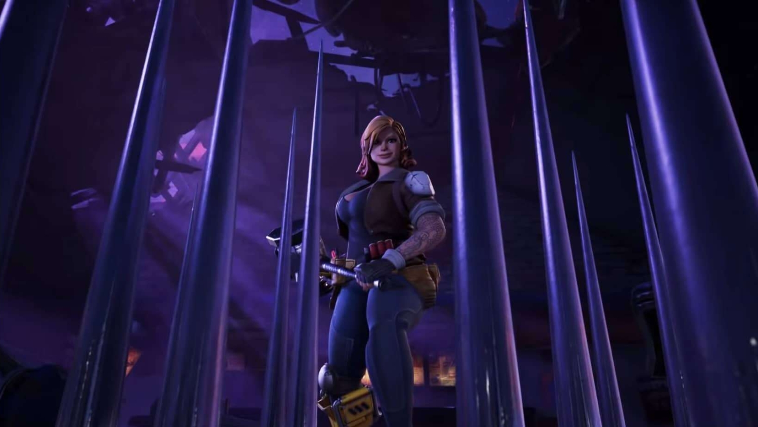 Woman in blue combat suit with arm tattoo holding weapon behind tall metal bars in dark purple room