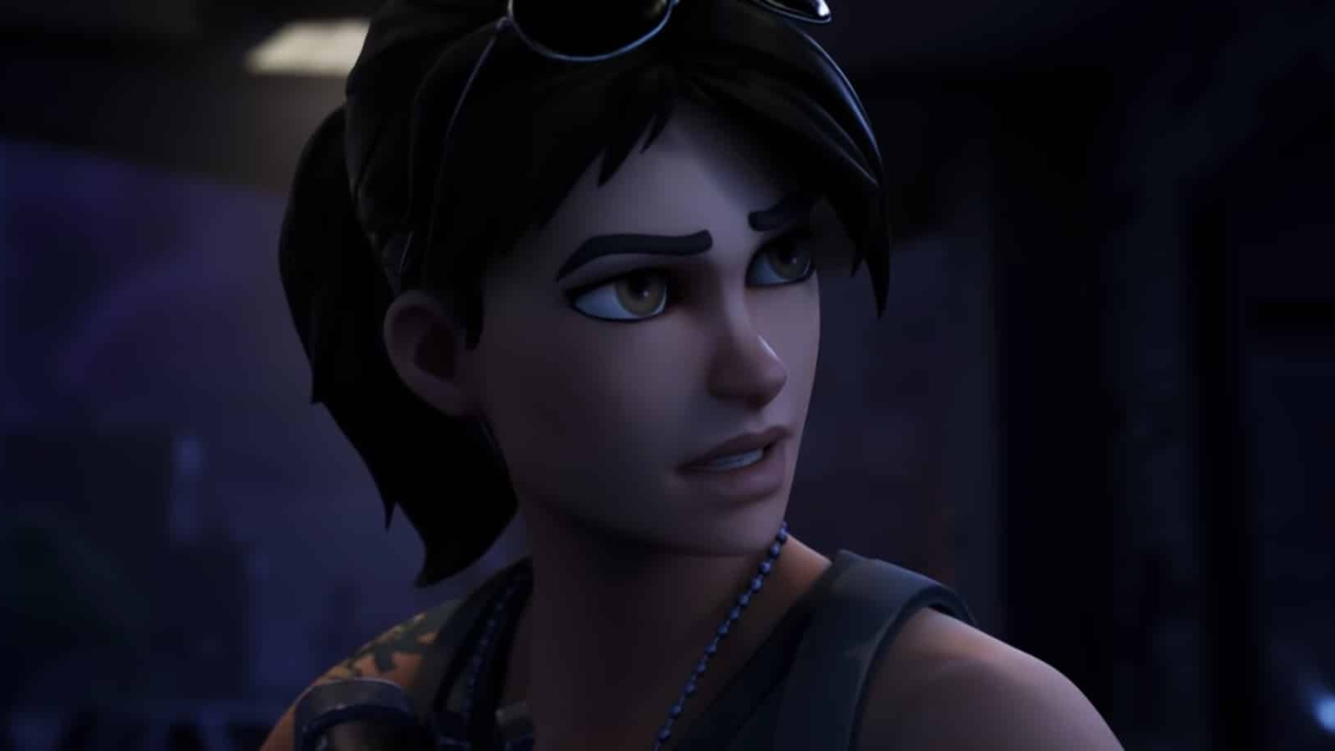 Animated female character with dark hair pulled back, wearing military gear, looking sideways with a concerned expression