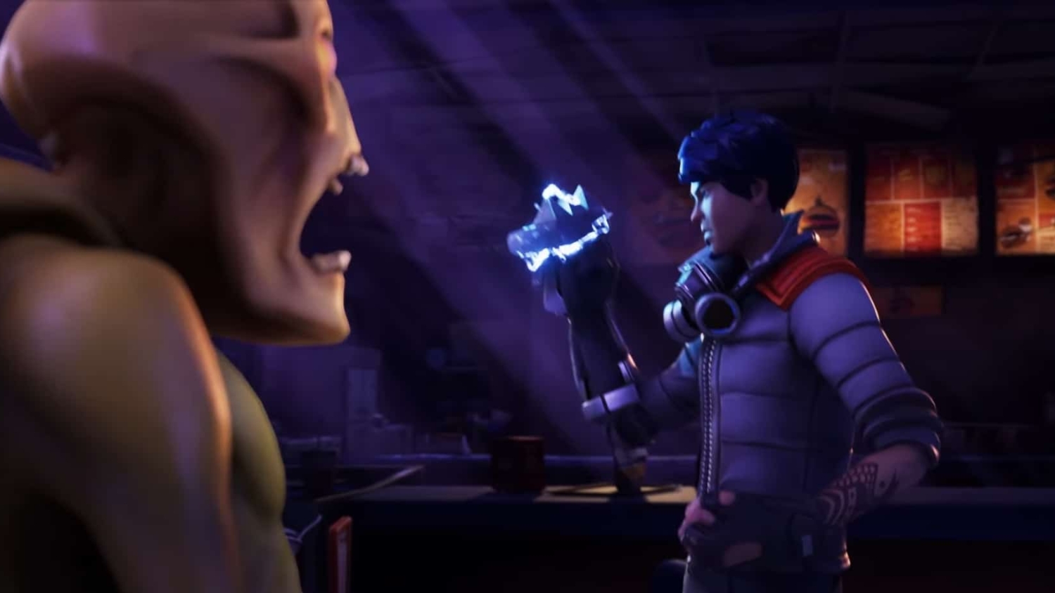Man wearing headphones holds a glowing crystalline object while facing a monstrous figure in a dark room.