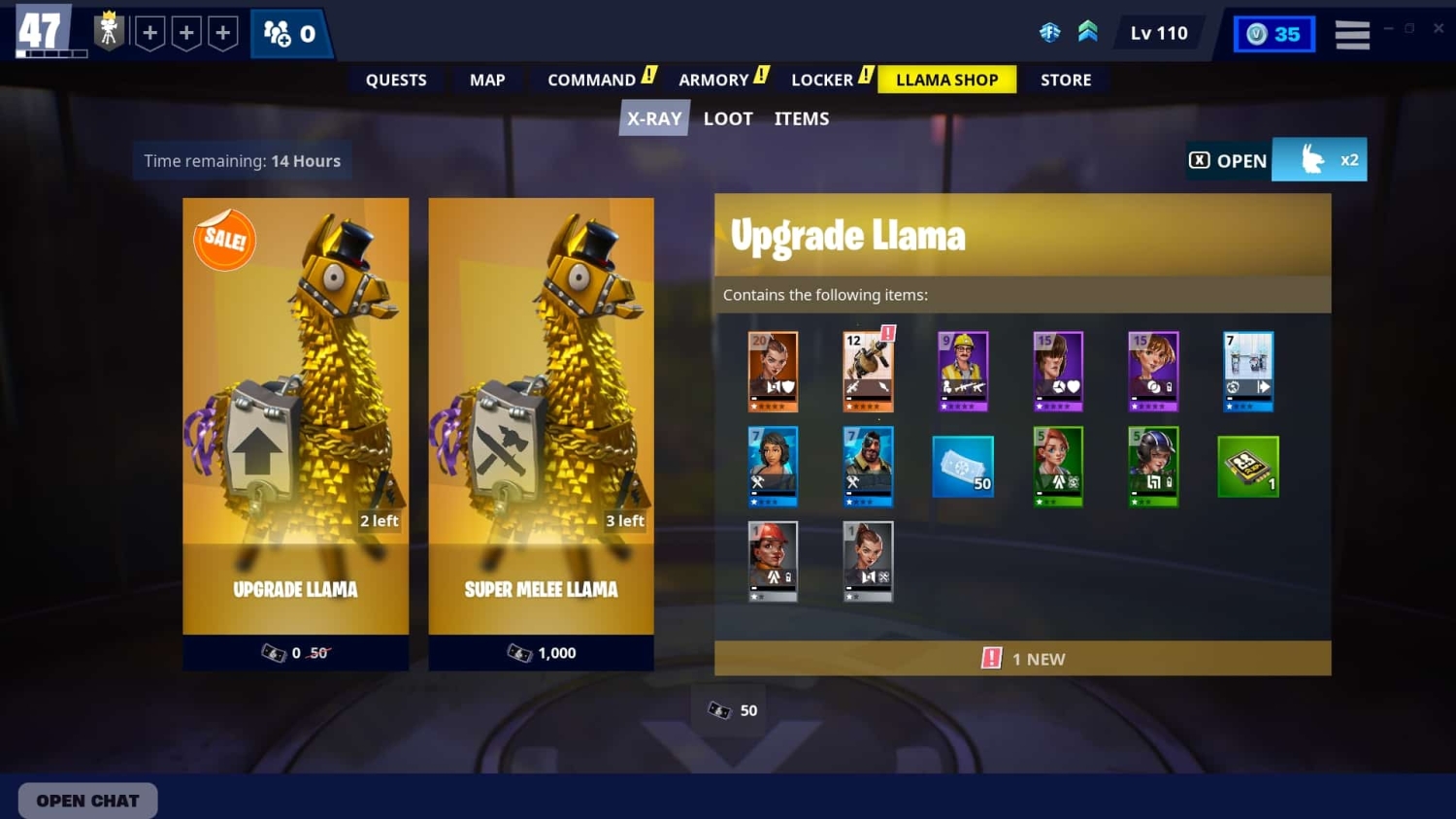 Upgrade Llama and Super Melee Llama options in Fortnite Save the World with item contents and timers