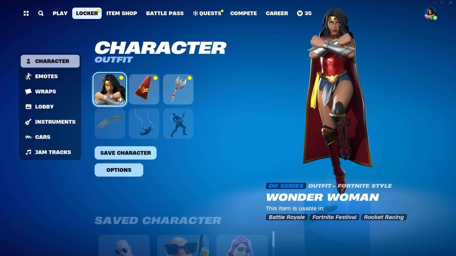 Wonder Woman outfit and accessories displayed in Fortnite character locker screen