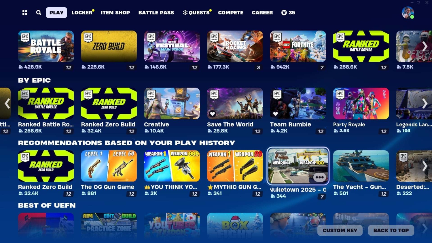 Fortnite game mode selection screen showing various game types with player counts and icons under Play menu