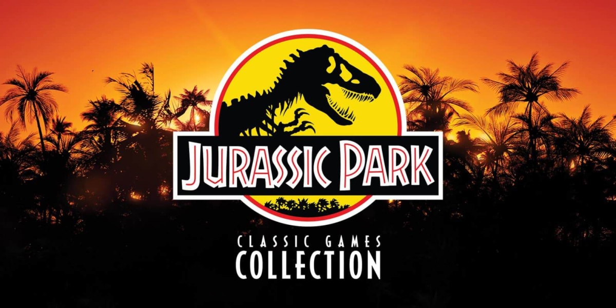 Jurassic Park Classic Games Collection logo with dinosaur silhouette against sunset and palm trees