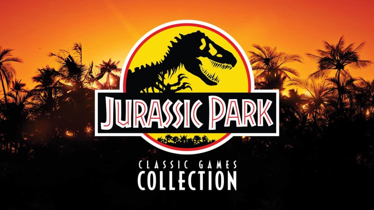 Jurassic Park Classic Games Collection logo with dinosaur silhouette against sunset and palm trees