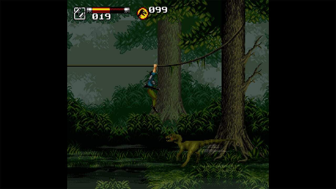 A game character swings on a rope between large trees in a dense forest while a small dinosaur stands below watching