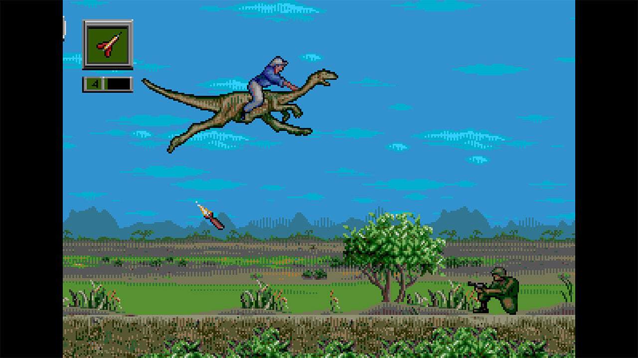 Pixel art scene with a character riding a dinosaur shooting at a soldier on the ground in a jungle setting