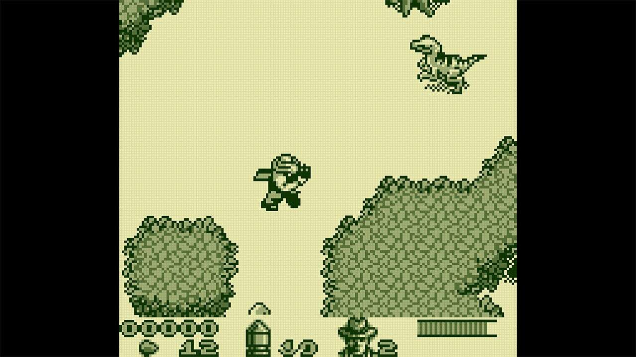 Pixelated dinosaur chasing a character through a forest in a retro green-hued game