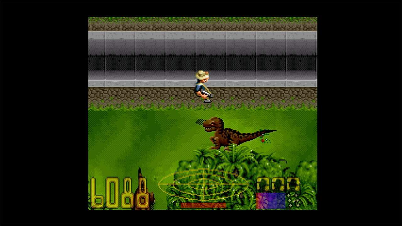 Pixel art showing a character with a hat chasing a brown dinosaur above dense bushes on green grass