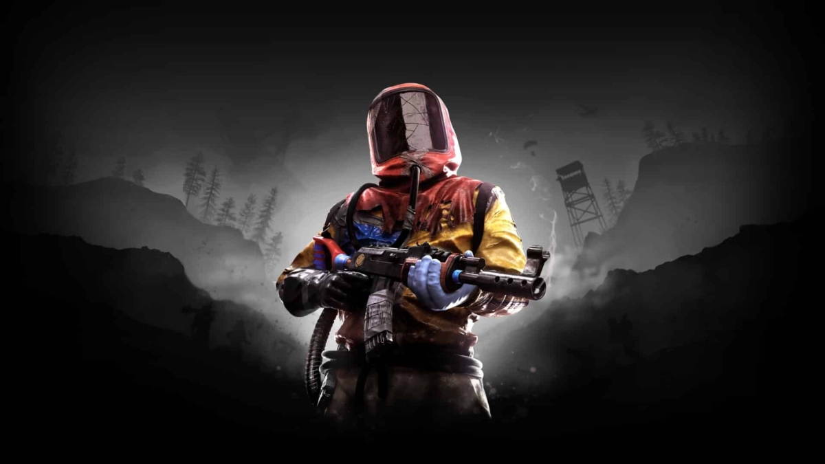 Person in a protective hazmat suit holding an assault rifle against a dark, misty mountainous backdrop