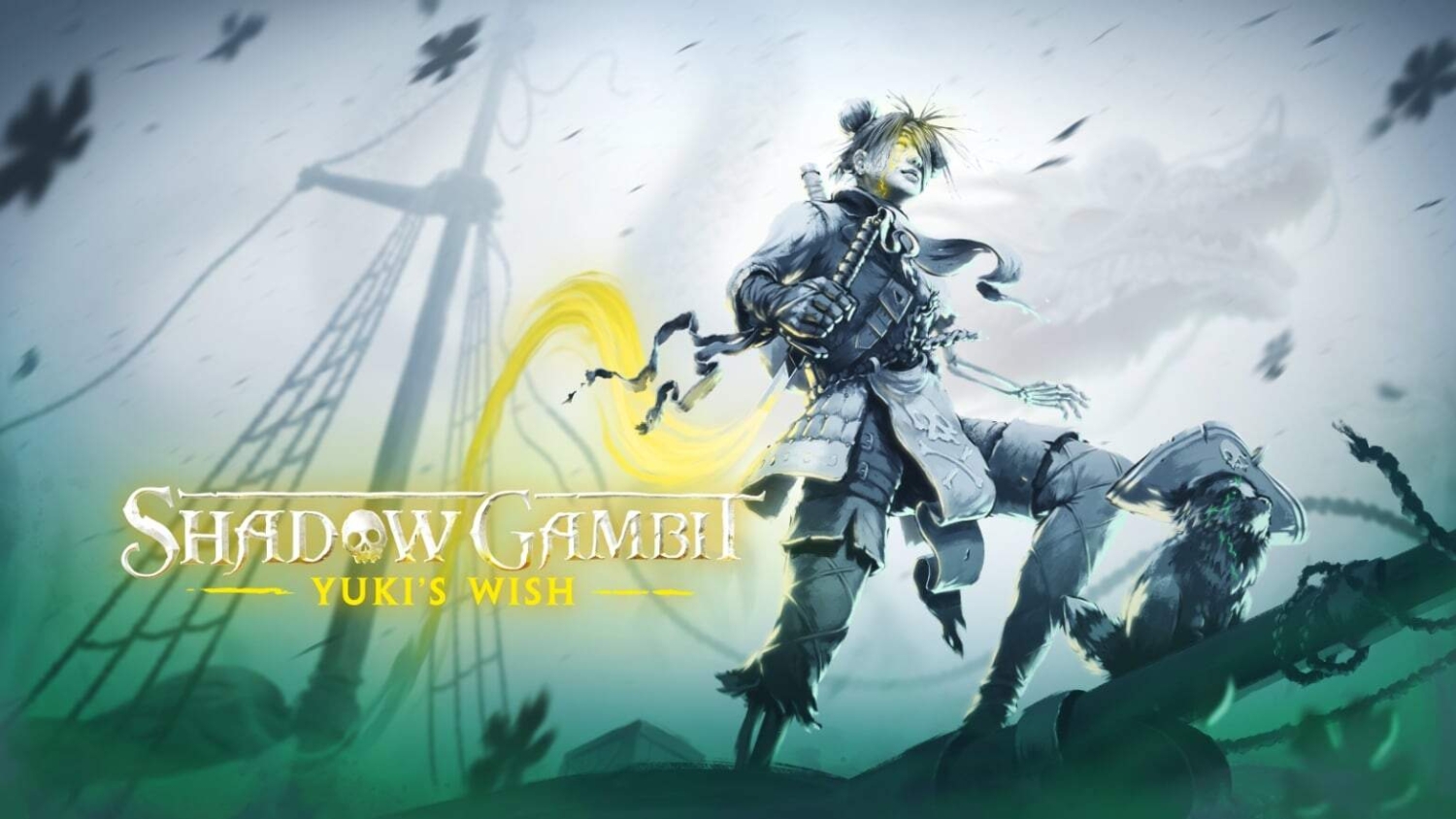 Pirate with glowing yellow eyes and a cat in a pirate hat standing on ship rigging