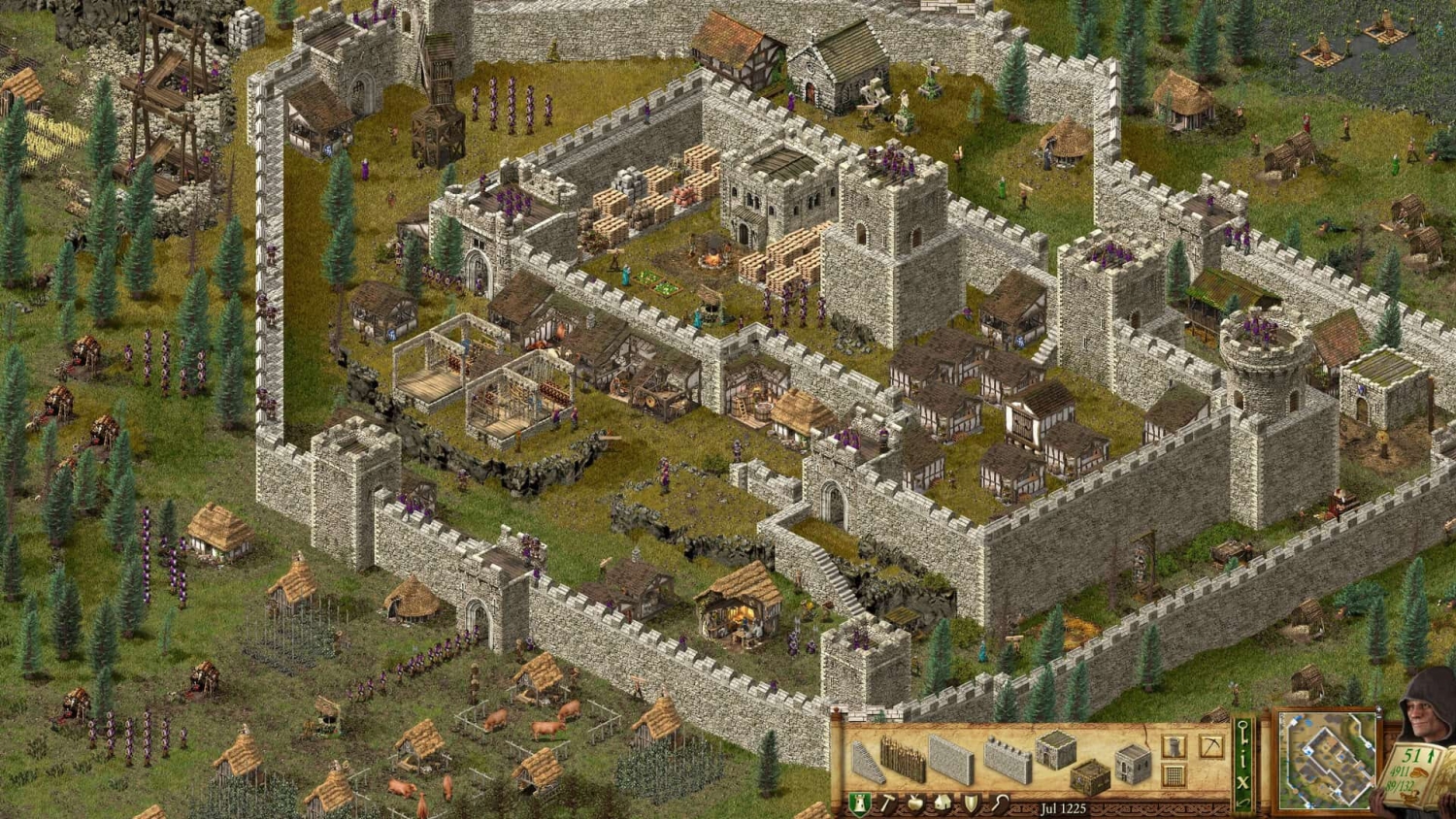 Medieval castle with layered stone walls, towers, farmland, and soldiers inside a strategy game interface