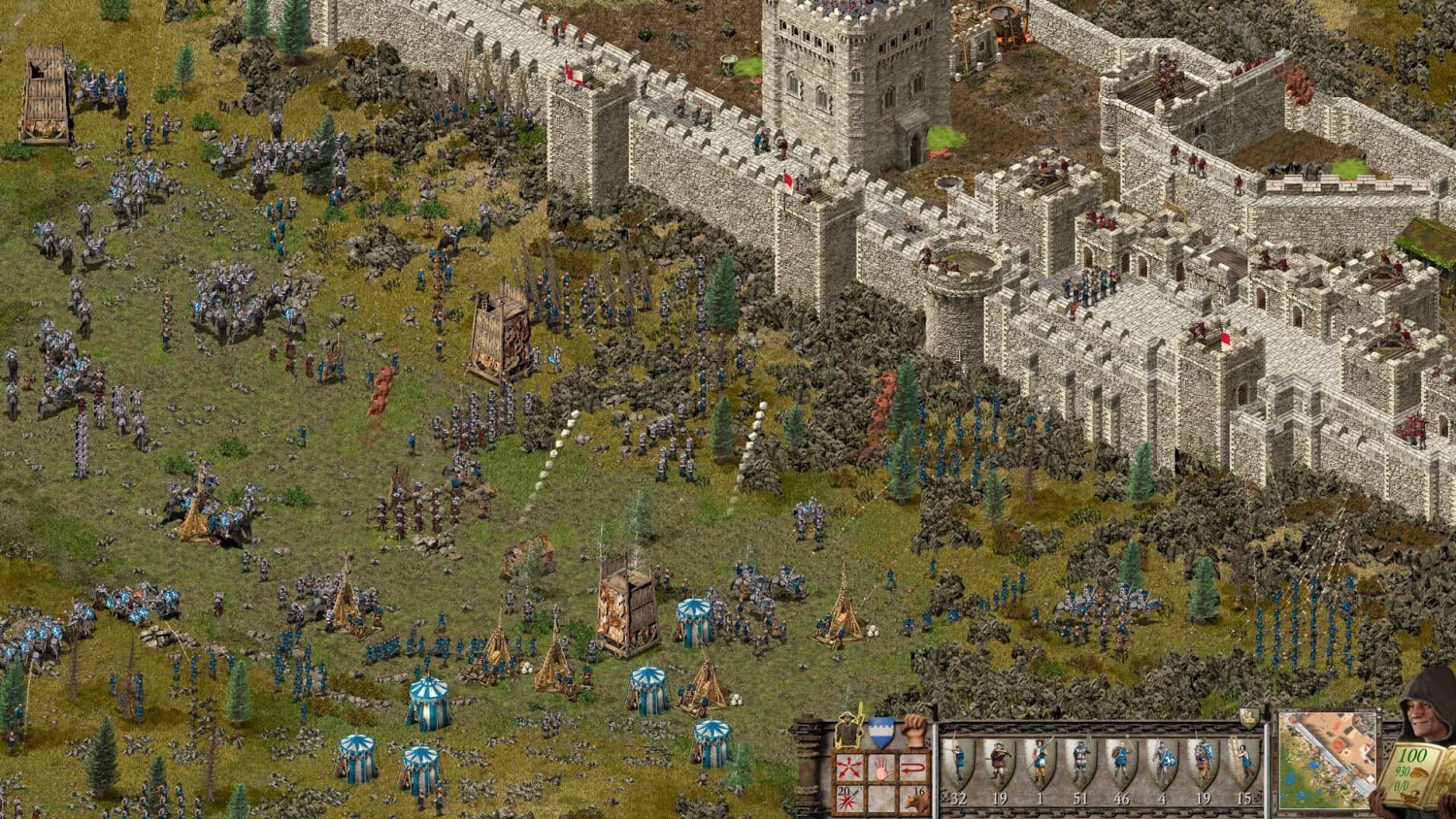 Medieval stone castle under siege with soldiers, siege towers, and tents on grassy field