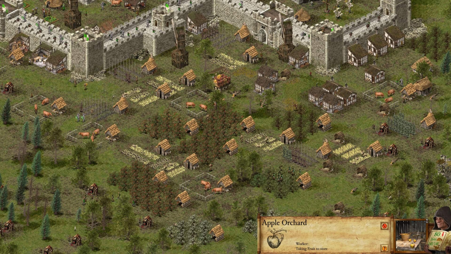 Isometric view of a medieval stone castle with surrounding farms, orchards, livestock, and workers in a strategy game