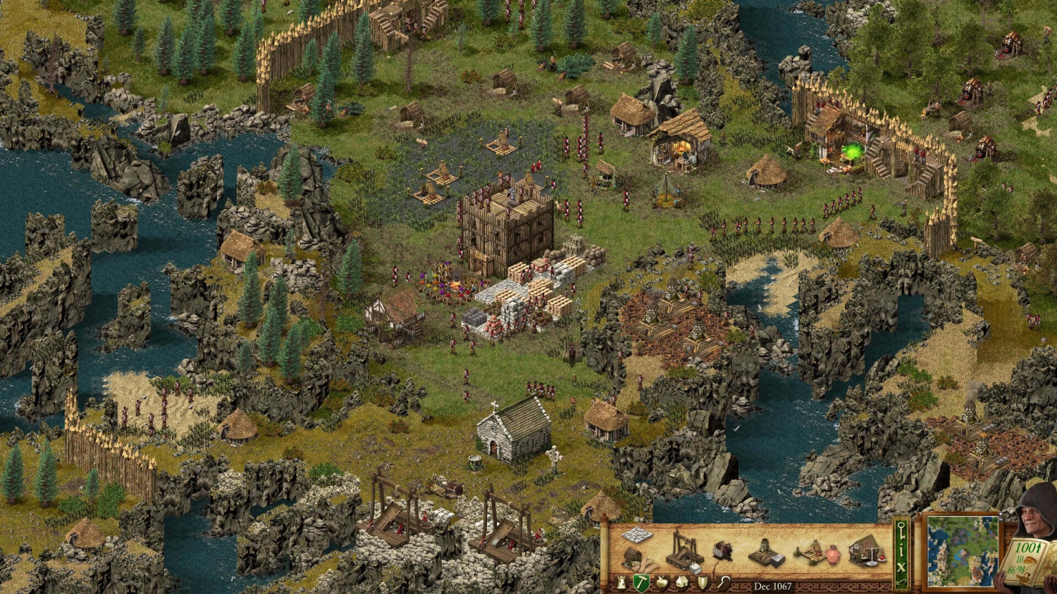 Medieval village surrounded by wooden fortifications with soldiers and a river running through rocky terrain in a strategy game