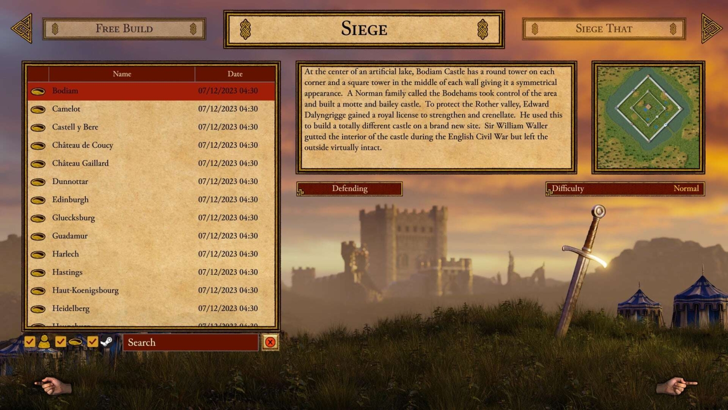 Strategy game screen listing castles and siege details with sword and castle background