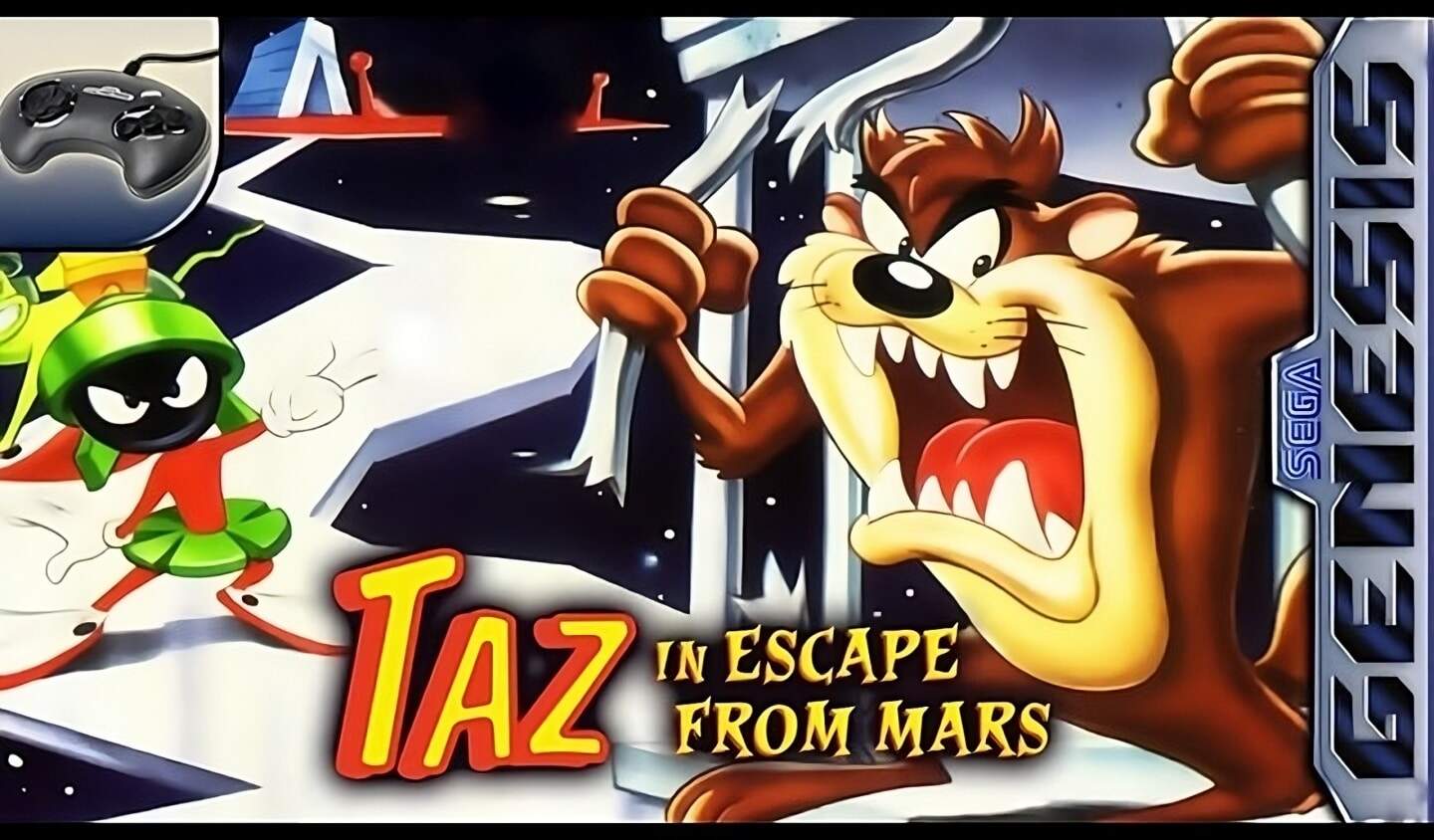 Animated Tasmanian Devil character breaking through a wall, with a small green alien pointing in the background, Sega Genesis game cover