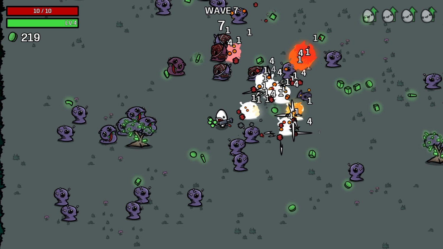 Top-down pixel art game showing a character firing at numerous purple monsters with damage numbers and explosions during wave seven