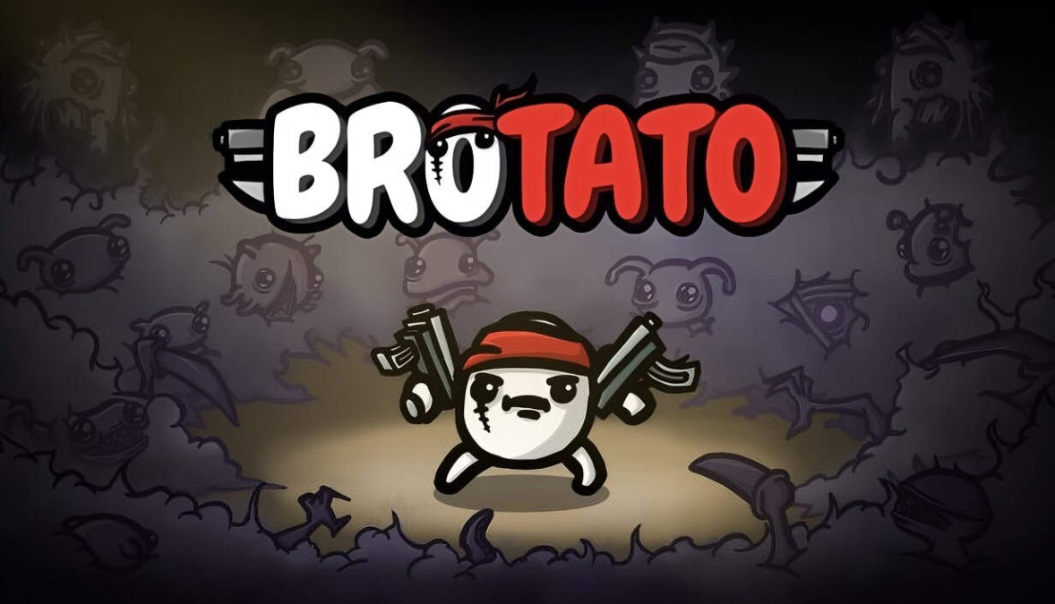 Cartoon character holding two guns with various monster silhouettes and the title Brotato above