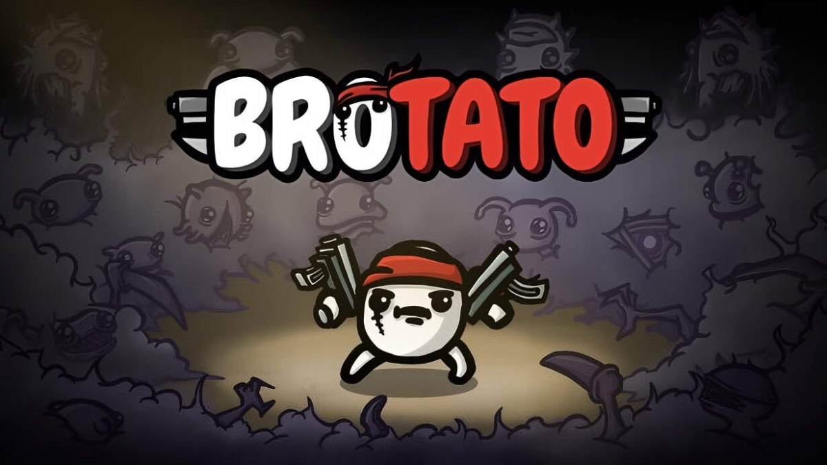 Cartoon character holding two guns with various monster silhouettes and the title Brotato above